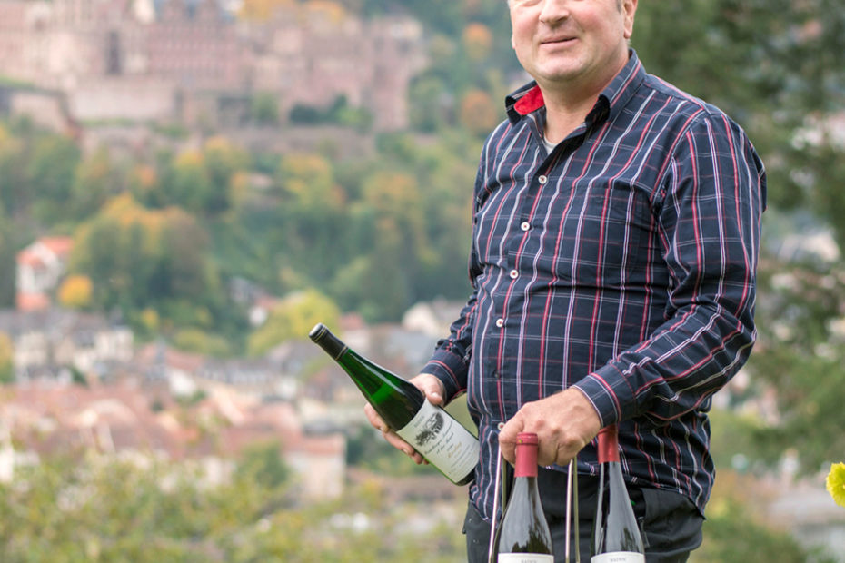 Winzer Spies im Weinberg mit Heidelberger Schloss im Hintergrund